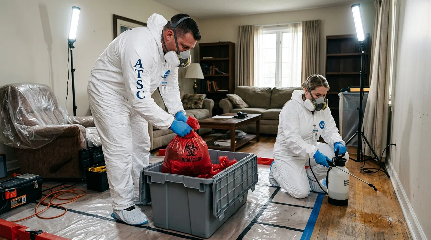 Professional Biohazard Cleanup technician in full PPE working in Cheney